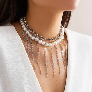 2pcs/Set Imitation Pearl Tasseled Link Chain Necklaces