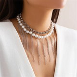 2pcs/Set Imitation Pearl Tasseled Link Chain Necklaces