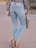Personality Slim Fit Ripped Light Blue Jeans for Ladies