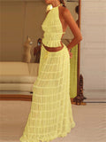 Female Pleated Halterneck Lace-Up Tank Top Maxi Skirt Set