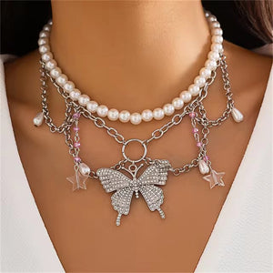 Dreamy Rhinestone Butterfly Star Pendant Pearl Necklaces for Women