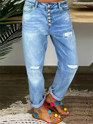 Female Casual Low-Rise Ripped Jeans with Multiple Buttons