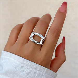 Female Retro Simple Irregular Rectangle Hollow Opening Ring