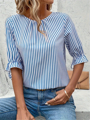 Fashionable Vertical Striped Crew Neck Blouse for Women