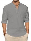 Men's Cotton Linen Button Henley Shirts with Pocket