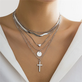 5Pcs/Set Vintage Layered Cross Coin Love Heart Pendant Necklaces