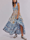 French Retro Floral Print Strappy Midi Dress for Lady