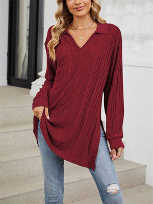 V Neck Striped Texture Side Split Fitted Shirt for Women