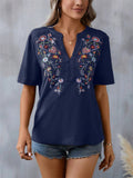 Floral Embroidered Spliced Lace Women's V-Neck T-shirt