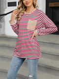 Contrast Color Stripe Chest Pocket Long Sleeve Shirt for Women