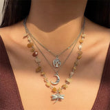 3Pcs/Set Dragonfly Irregular Stone & Mini Tree & Moon Pendant Necklaces