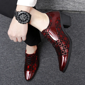 Male Square Check Pattern Mid Cuban Heel Dress Shoes