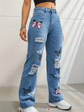 Chic Butterfly Print Ripped Blue Jeans for Women