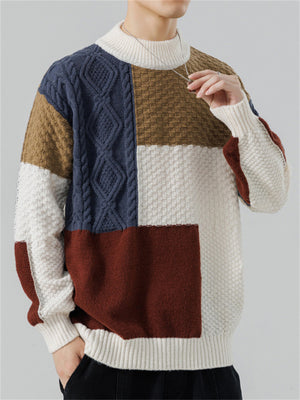 Men's Color Block Patchwork Round Neck Warm Knitted Sweater