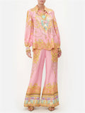 Pink Vintage Print Lantern Sleeve Shirt + Flared Pants for Women