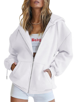 Girls Modern Casual Oversized Drawstring Zip Up Hoodie