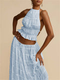 Female Pleated Halterneck Lace-Up Tank Top Maxi Skirt Set