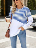 Stripe & Solid Color Round Neck Loose Sweatshirt for Female