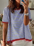 Stripe Contrast Color Short Sleeve Knitted Tops for Women