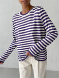 Classic Stripe Round Neck Long Sleeve Sweater for Women