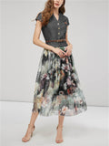 Women's Elegant Ink Flower Denim Chiffon Splicing Dress with Belt