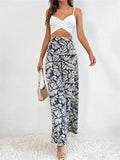 Women's Leaf Print High Waist Flowy Chiffon Wide Leg Pants