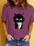 Lovely Little Black Cat Print Round Neck T-shirts for Women