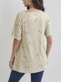 Zip V Neck Heart-Shaped Print Short Sleeve Shirt for Women