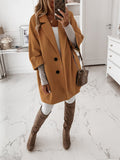 Women's 3/4 Sleeves Buttoned Lapel Faux Wool Coat with Pockets