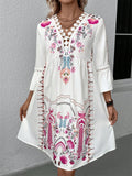 V-neck Bell Sleeve Lace Spliced Printed Dress for Women