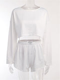 Summer Hollow Out Long Sleeve Cropped Tops + Hot Shorts for Women