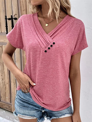 Women's V Neck Decorative Buttons Short Sleeve Fit T-shirt