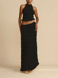 Female Pleated Halterneck Lace-Up Tank Top Maxi Skirt Set