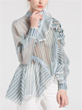 Women's Sexy See-Through Striped Patchwork Blouse