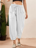 Women's Cotton Linen Buttoned Hem Pants with Pockets
