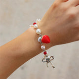 Women's Sweet Strawberry Bowknot Star Pendant Pearl Bracelets