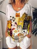 Women's Cartoon Cat Print V Neck Casual T-shirts