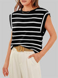 Leisure Round Neck Sleeveless Stripe Shirt for Women