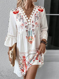 V-neck Bell Sleeve Lace Spliced Printed Dress for Women