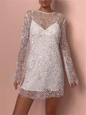 Lady See Through Matching Sets Mesh Sequin Pearl Dresses