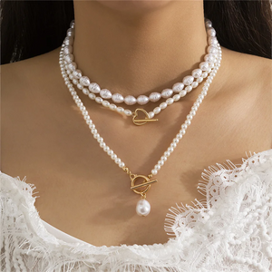 Female OT Buckle Multilayer Faux Pearl Pendant Necklace