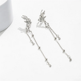 Silver Butterfly Wings Tassel Clip Earrings for Women