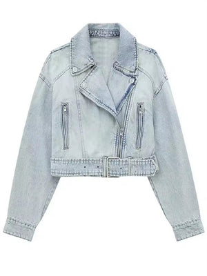 Light Blue Vintage Lapel Zipper Denim Jacket for Women