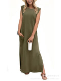 Simple Loose Round Neck Sleeveless Side Split Dress for Women