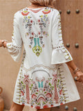 V-neck Bell Sleeve Lace Spliced Printed Dress for Women