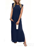 Simple Loose Round Neck Sleeveless Side Split Dress for Women