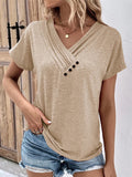 Women's V Neck Decorative Buttons Short Sleeve Fit T-shirt