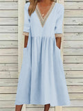 Women's Lace V Neck Half Sleeve Pocket Cotton Linen A-line Dress