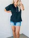 Leisure Washed Effect Buttoned Neck T-shirt for Women