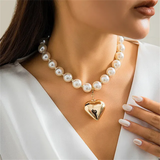 Ladies Faux Pearl Electroplate Heart Pendant Necklace